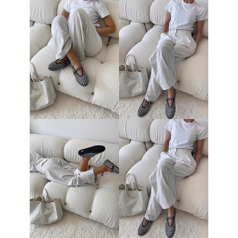 Cowhide version~ Sandals one-word buckle band ballet shoes women's full diamond flats hollowed out Mary Jane single shoes fishnet shoes