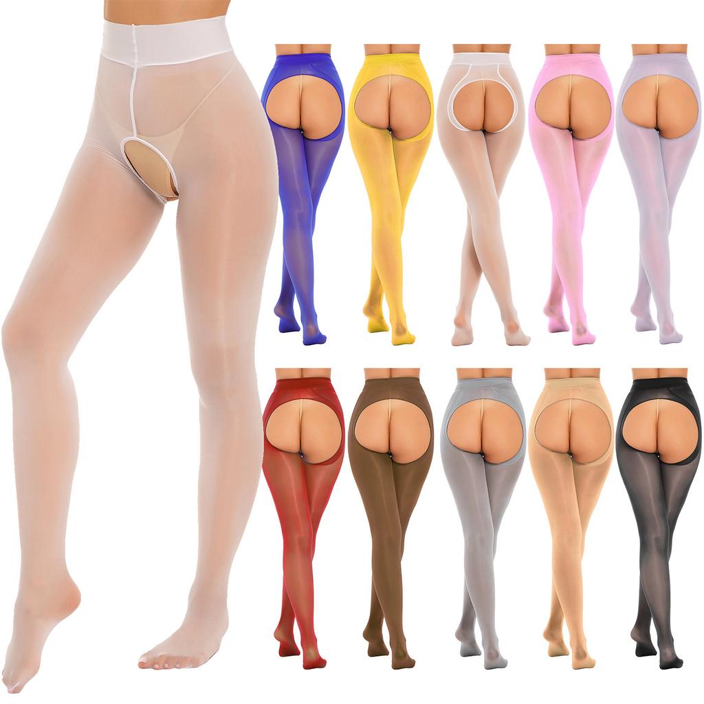 Collant sexy da donna trasparenti senza cavallo, lucidi, lisci, a vita media, con apertura sul sedere, leggings, calze elastiche, abbigliamento da notte