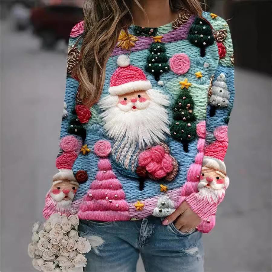 Women Christmas Top O Neck Long Sleeve 3d Print T Shirt