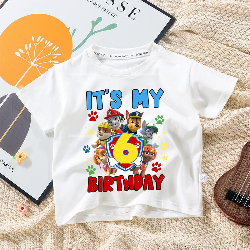 Paw Patrols Children Birthday Number T Shirt Clothes Party Cartoon Figure Print Boys T-Shirt White Short Sleeve Tops Tee Gift