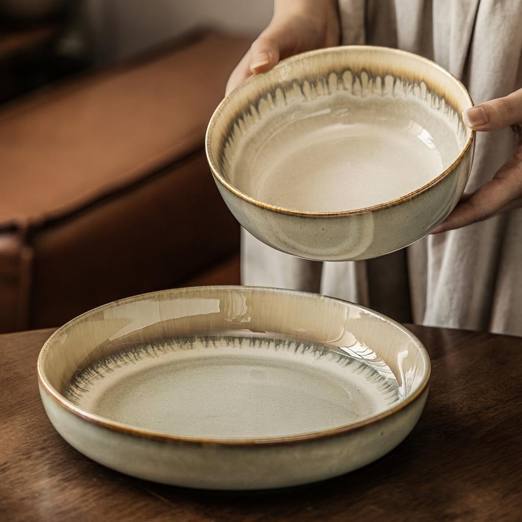 High-Value Plates, Retro Flow Glaze, Ceramic Bowls, Tableware, Household Dishes, Dishes, Dishes, Bowls, Round Salad Bowls