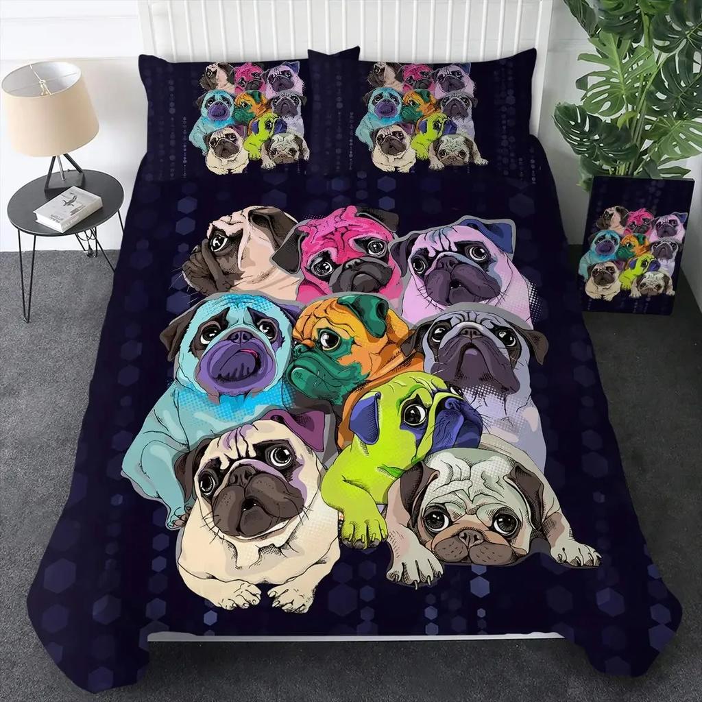 Cute Dogs Print Bedding Set Puppy Animal Duvet Cover Set Watercolor Pastel Dog Paw Comforter Cover Pug Dog Lover Bed Set