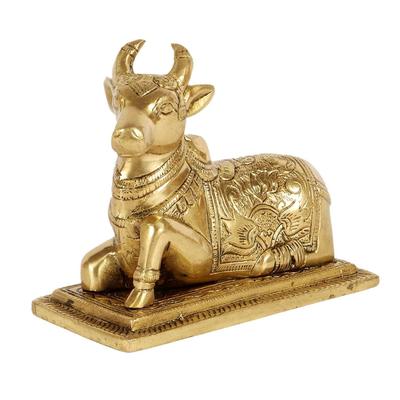Lotos Grawerowany 5 cali Mosiężna Nandi Krowa Nad Podstawką Statuetka, Mosiężny Nandi Idol, Statuetka Nandi Do Domu/Świątyni, Standard, Opakowanie 1, Pan Shiva, Shiva