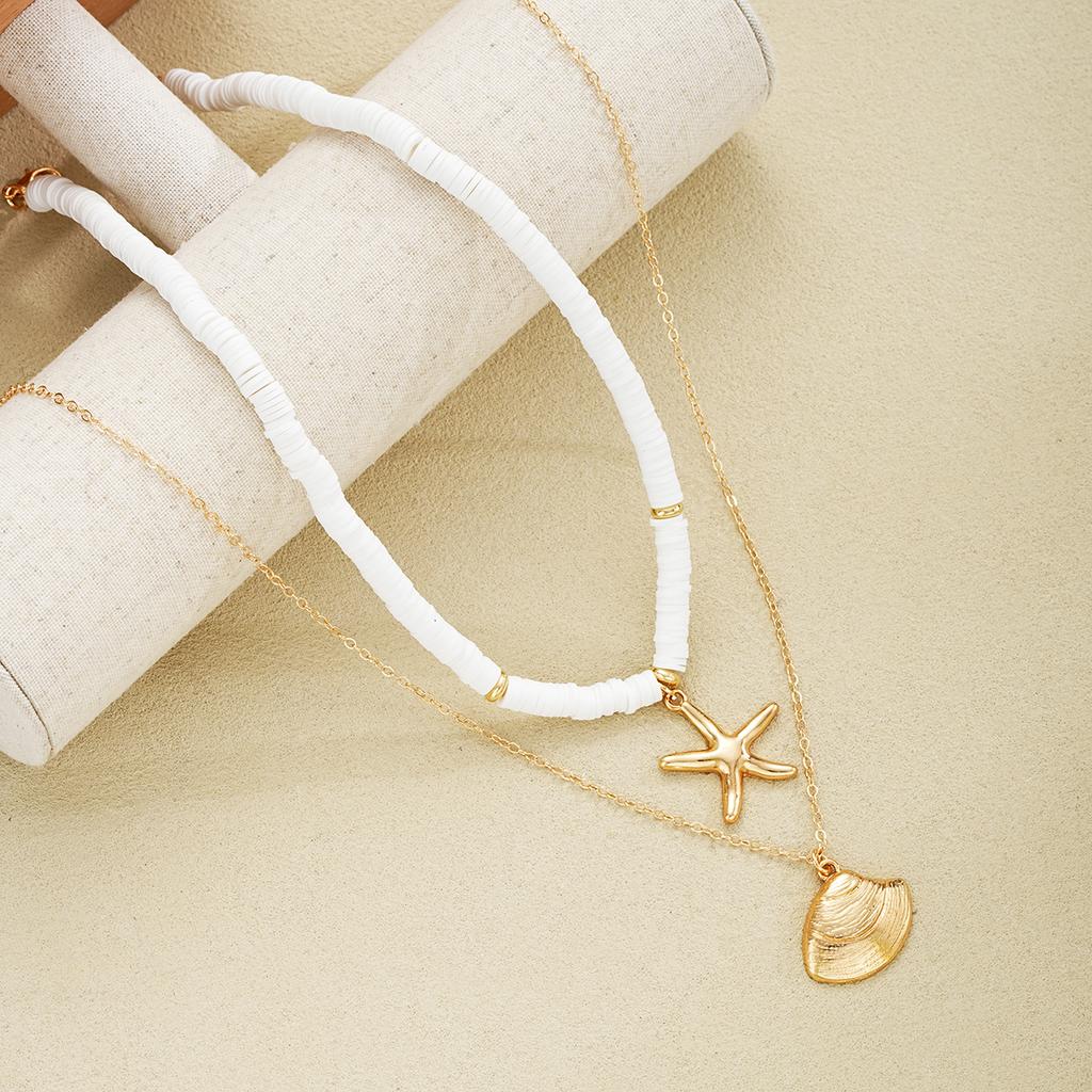 Dvoudílná sada módního náhrdelníku z měkké keramiky ve tvaru hvězdice a mušle, bosenský plážový prázdninový styl, vrstvený řetízek na klíční kost