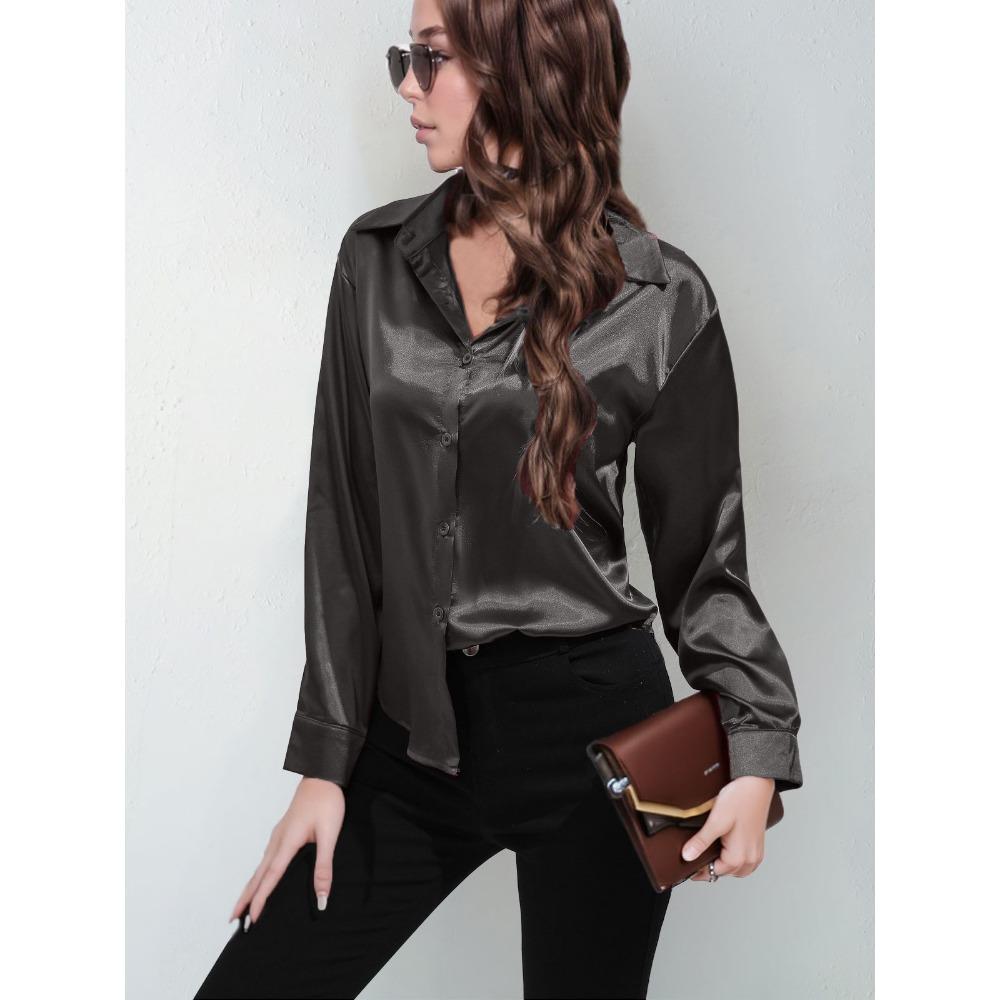 GMXIA Sateng Silkelignende Langermet Ensfarget Skjorte for Kvinner, Elegant Knappedetalj foran med Krage