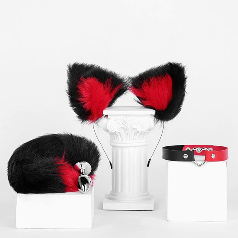 4Pcs Set Cute Fox Butt Tail Collar Anal Plug Nipple Clamp Soft Cat Ears Headbands Cosplay Adult Sex Toys Accessories