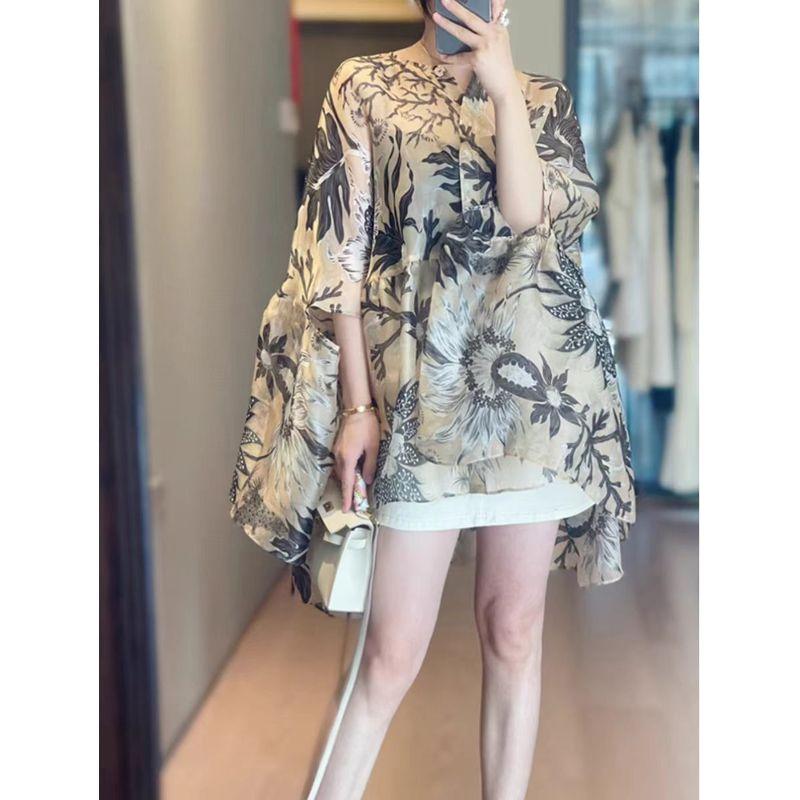 

Укороченный хвост, прикрывающий живот, французский стиль, темперамент, изысканная доступная роскошь, женственный топ для взрослых женщин, принт, накидка-рубашка для женщин Print Cape shirt [In Stock]] S