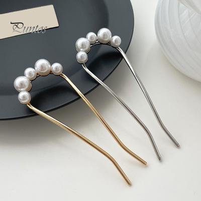 Französische Haargabel, elegante Kunstperle, rutschfest, für langes, dickes Haar, Hochsteckfrisur, Dutt, Metall, U-förmiger Haarnadelstab, Haar-Accessoires für Frauen und Mädchen