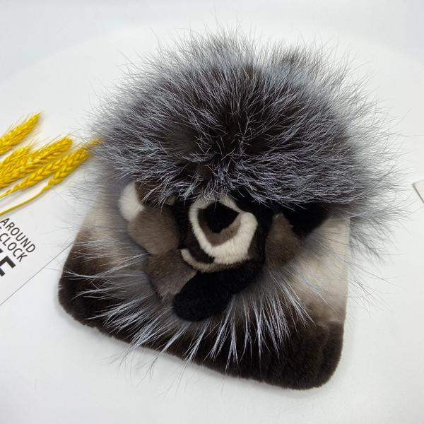 

Теплый комплект шапка и шарф из меха кролика рекс, вязаная женская шапка с цветочным узором, натуральный мех, помпон из лисы, шапка-бини, уличная, мягкая, модная, брендовая шапка head size 55-59cm