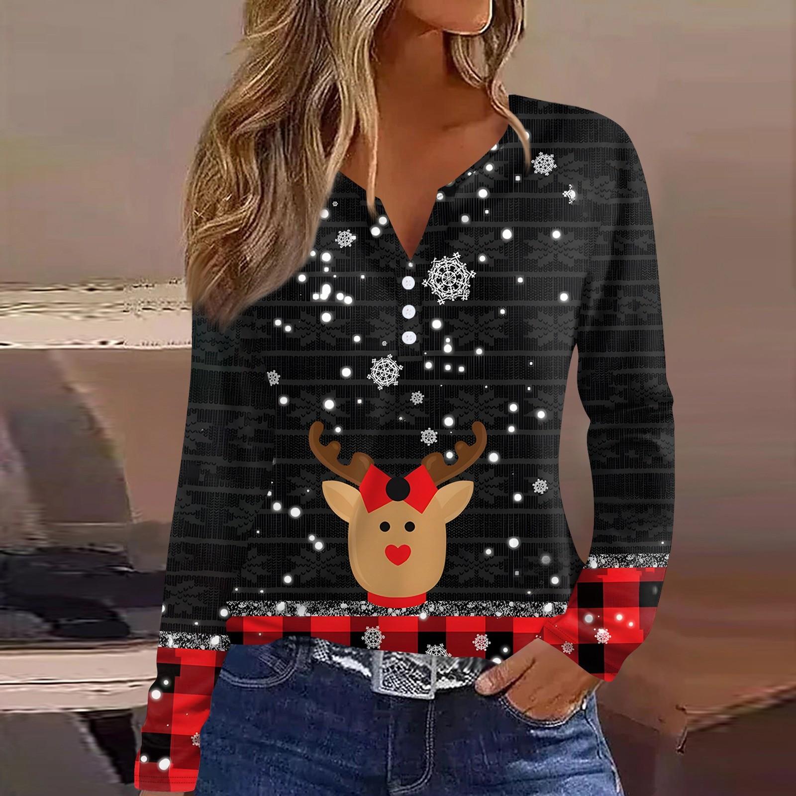 

Жіноча футболка з різдвяним принтом і ґудзиками, з довгим рукавом, щоденна мода на вихідні, звичайний топ із V-подібним вирізом XXXL чорний