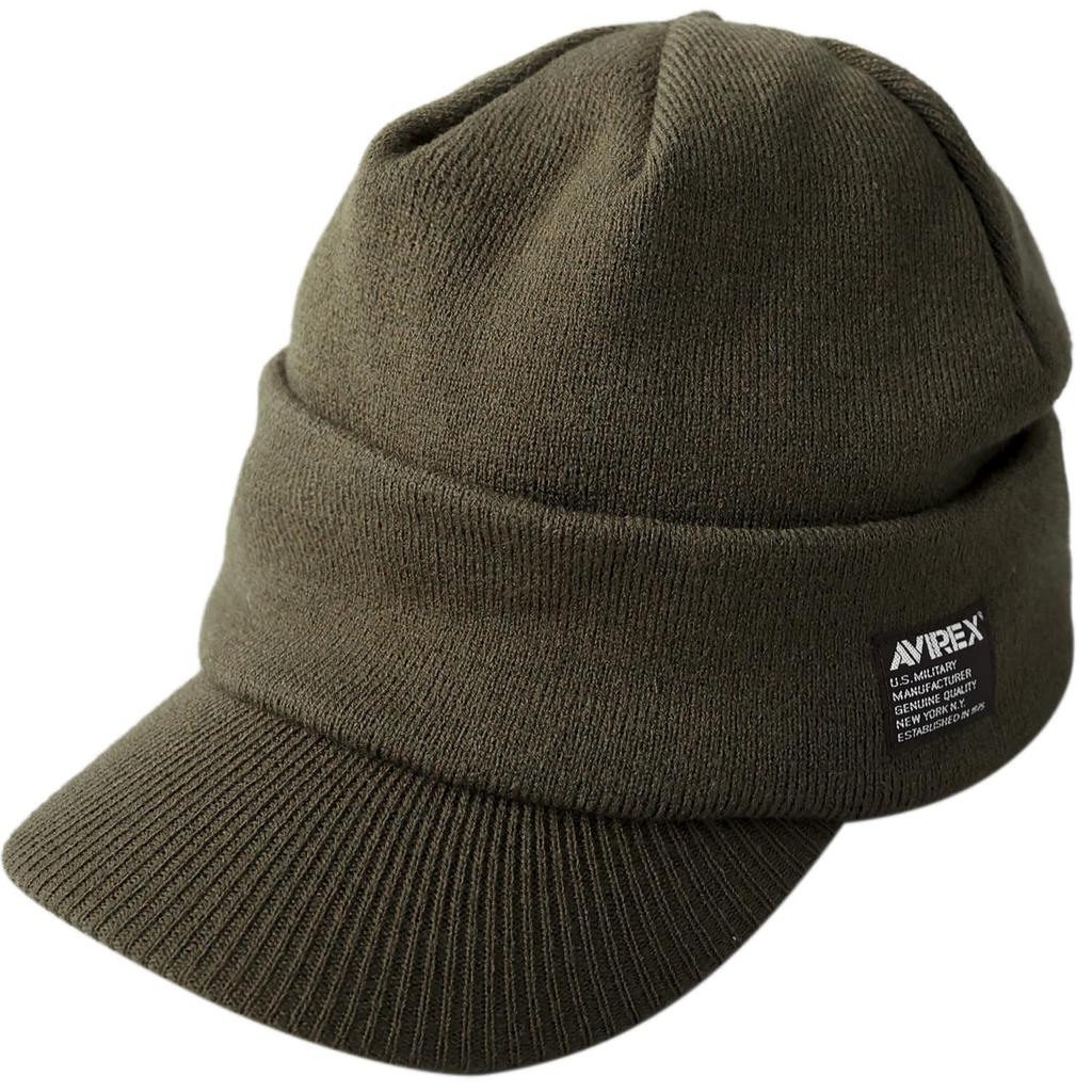 AVIREX Brim Knit Newsboy Work Military Golf Cap One Men's Fleece-Lined Cap, Cap, Cap, Hat, (JP, Alphabet, Size, Khaki)