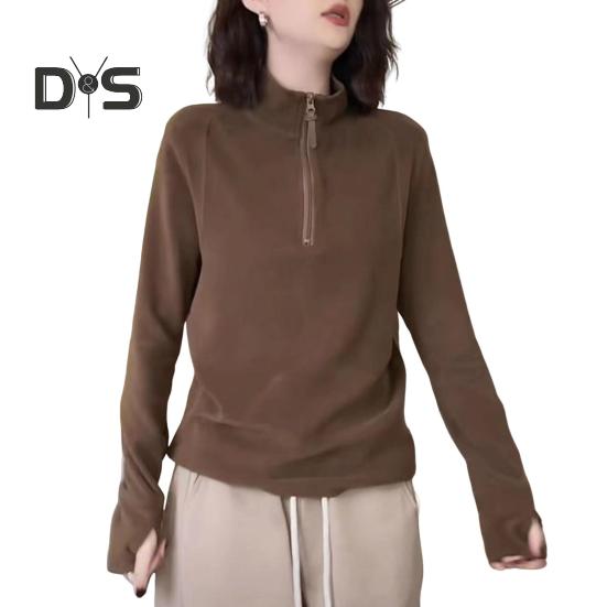 Lady Fall Winter Top Half Zipper Stand Collar Neck Protection Solid Color Loose Bottoming Sweatshirt Long Sleeves Elastic Layering Clothes for Sport