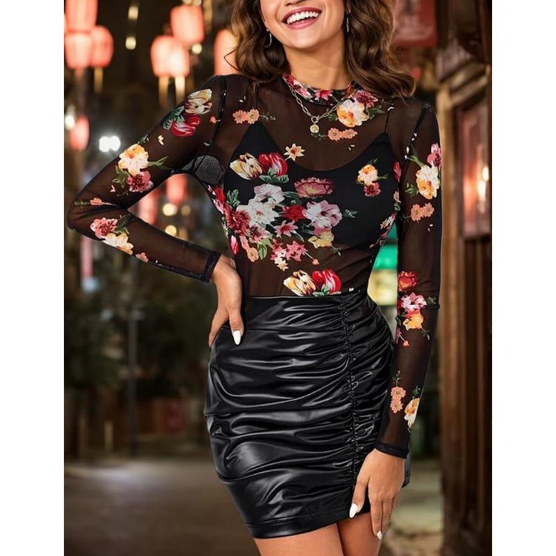 Women Floral Lace Mesh Long Sleeve Mock Neck Slim Fit Base T Shirt S