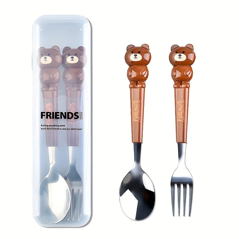 

2Pcs Cartoon Stainless Steel Cutlery Set with spoon and fork, comes with transparent storage case, perfect for home, school and outdoor use.