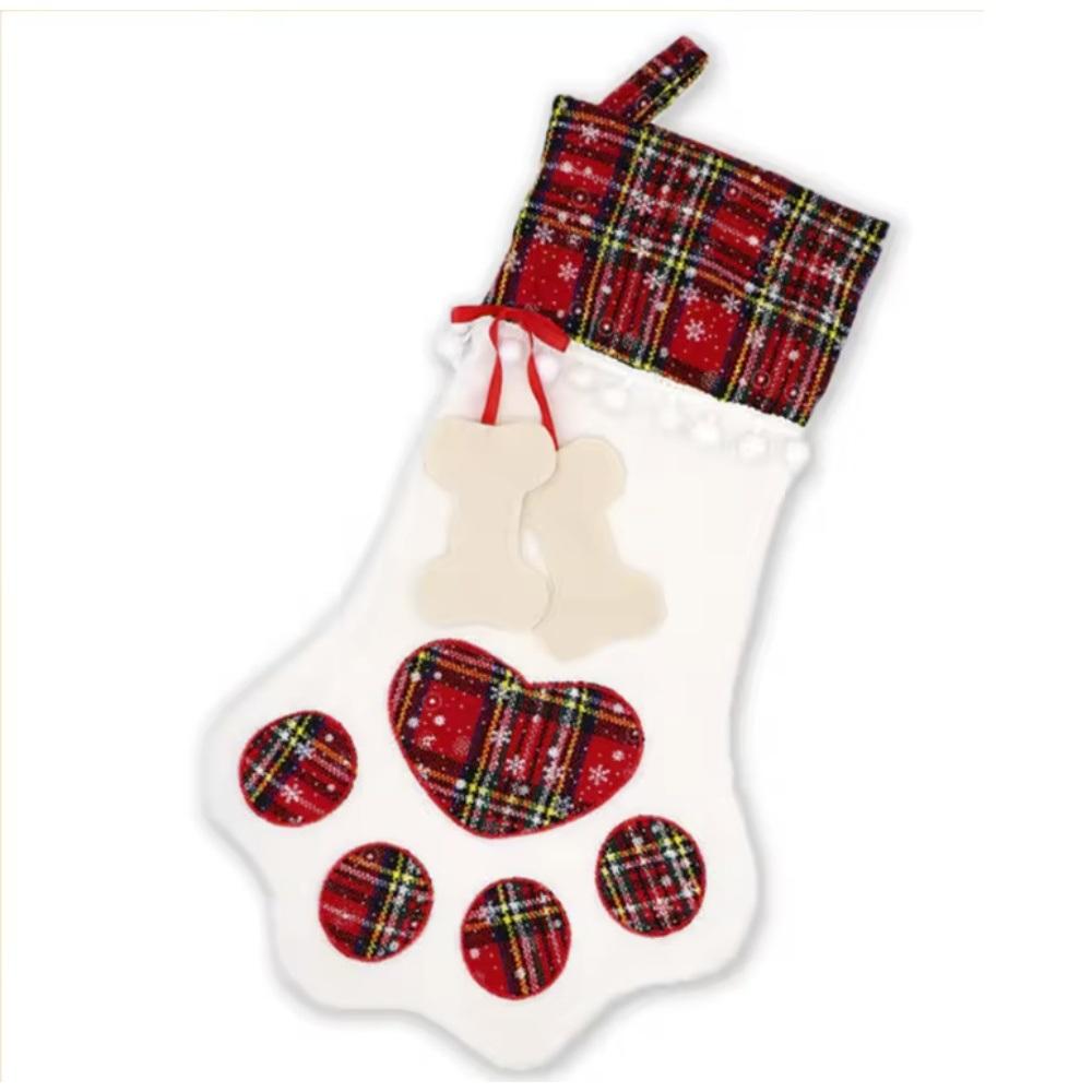 Christmas Socks New Year Decorations Buffalo Plaid Pet Stockings for Cats and Dogs Paw Pattern Hanging Pendant Toy Doll Gifts