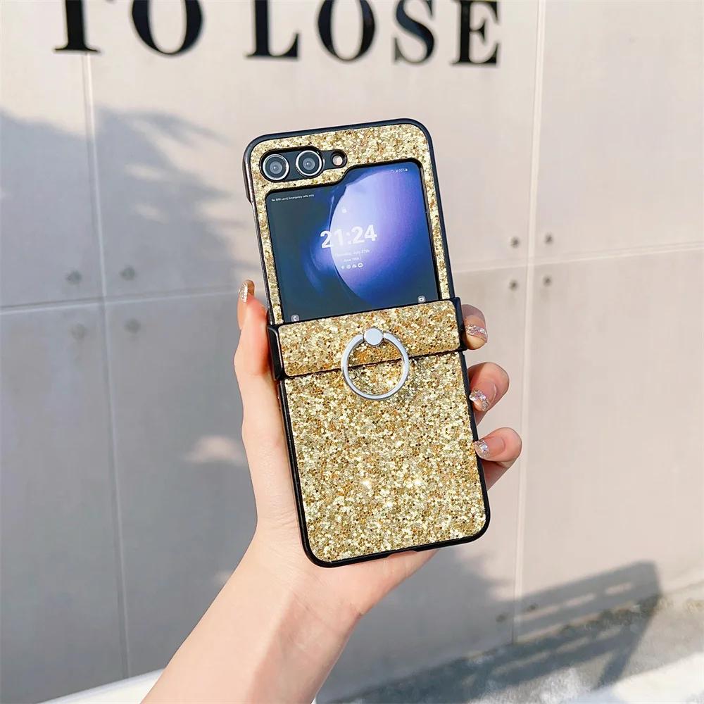 Ring Diamond Sparkling Powder Phone Case for Samsung Galaxy Z Flip 6 5 4 3 Flip6 Flip5 Flip4 Flip3 Protective Shockproof Cover