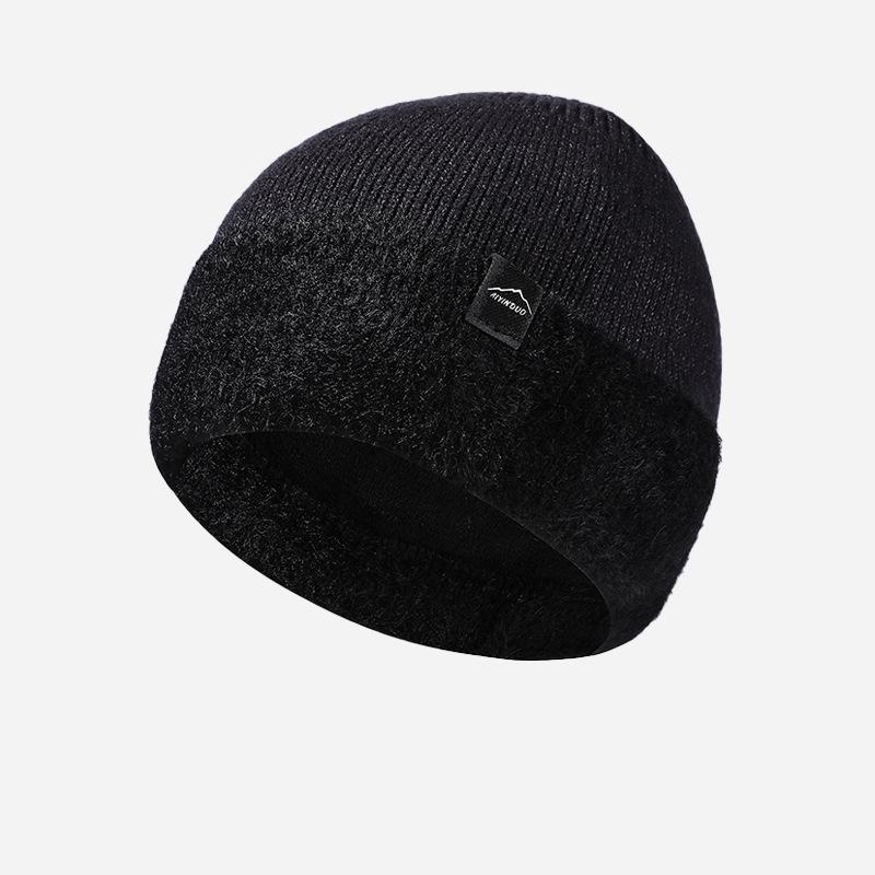 Knitted Hat Men's High Elastic Large Head Wool Hat with Thick Velvet Ear Protection Solid Color Cap