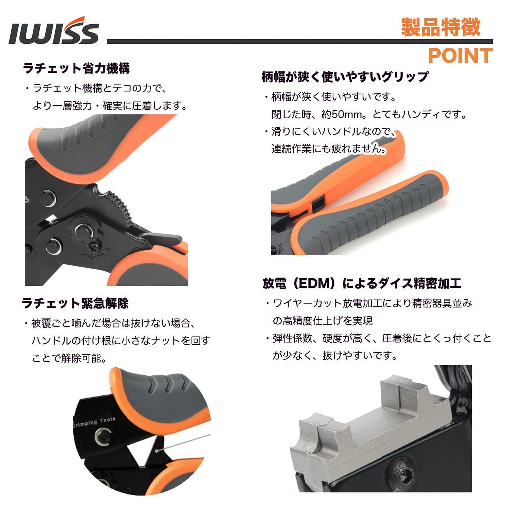 IWISS Flag-type crimp terminals, 187 and 250 series, L-type faston terminals, crimping tool, EDM cut, 0.5/2.5mm², IWS-FL IWS-05FL