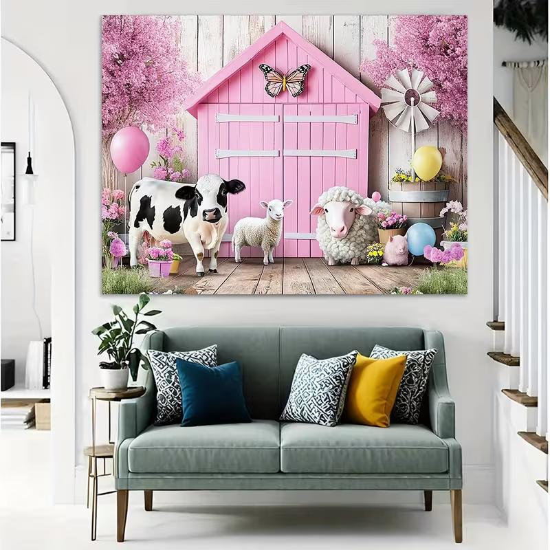 2D Flat Printing Pink Farm Animal Backdrop 210×150cm for Birthday