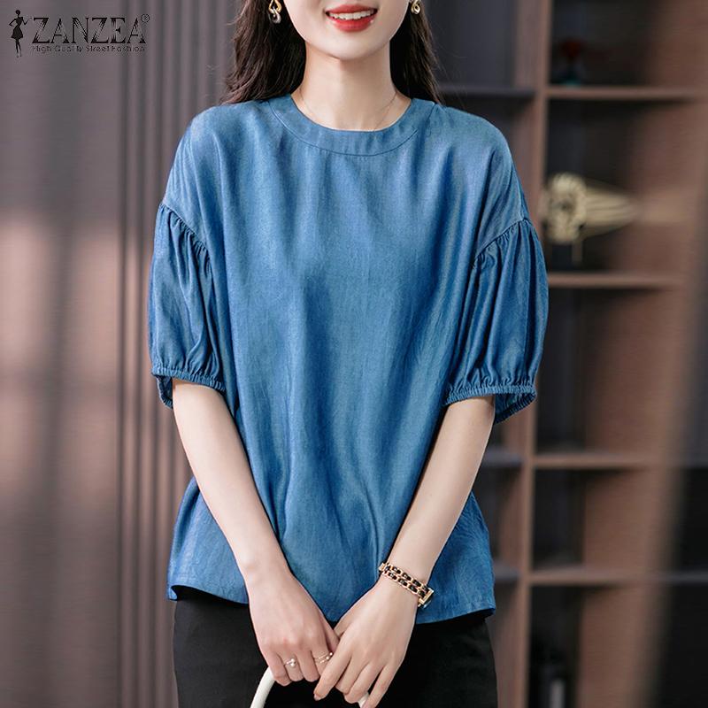 

ZANZEA Женская повседневная летняя блузка с круглым вырезом и короткими рукавами, топы