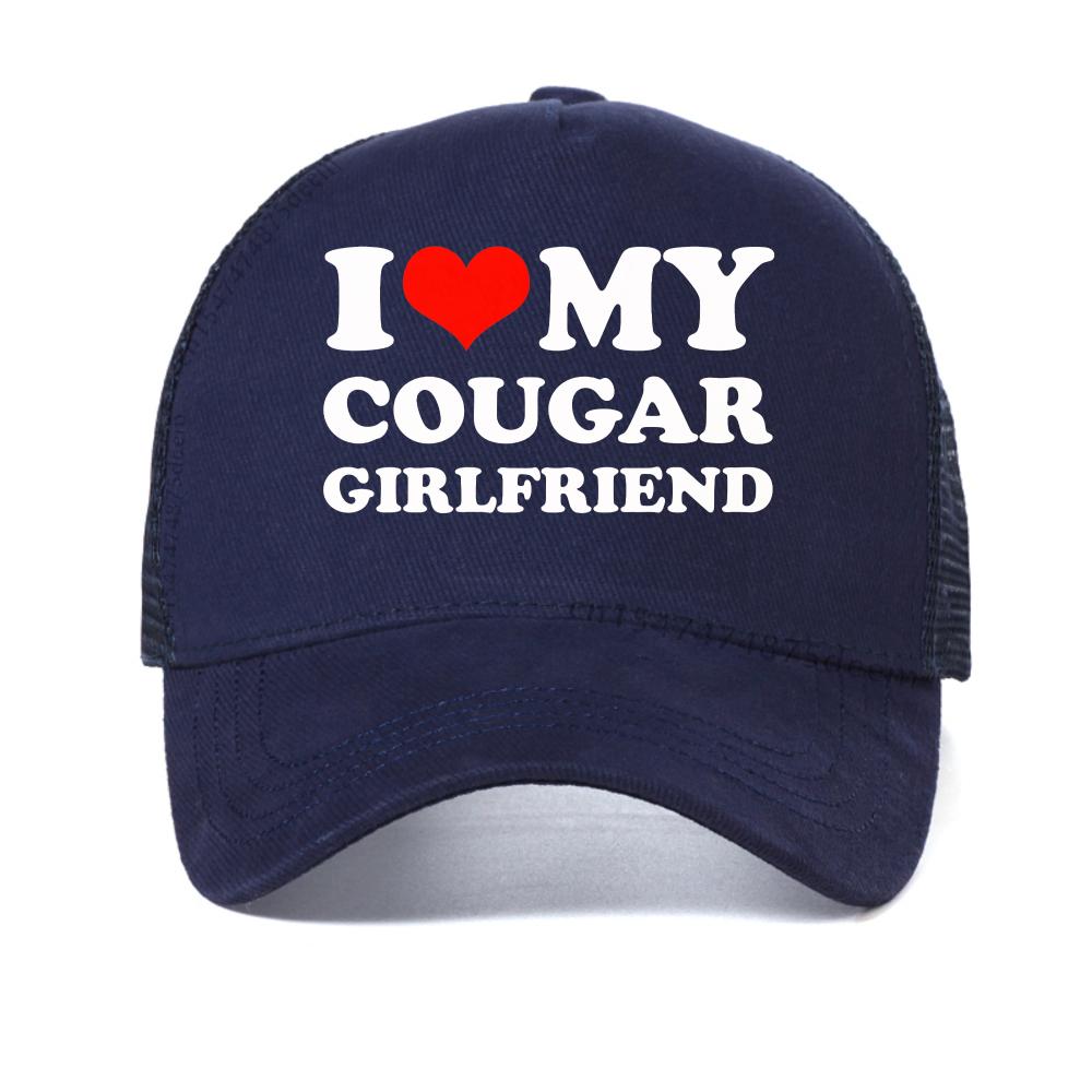 

I Love My Cougar Girlfriend baseball cap Men Funny My Gf Is A Cougar mesh hat outdoor casual adjustable mesh cool trucker hats Adjustable темно-синього кольору
