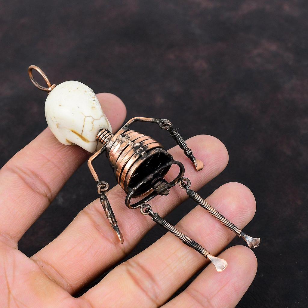 Howlite Pendant Copper Wire Wrapped Pendant Titanium Bead Eyes Pendant Skeleton Pendant Handmade Gemstone Jewelry Skull Bone Face Pendant