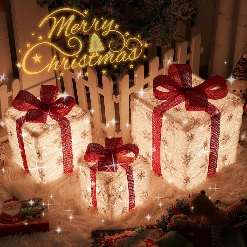 Ensemble de 3 Boîtes de Noël Lumineuses, Ornements Lumineux LED avec Nœuds Boîtes de Noël pour Sapins de Noël Décorations de Fête