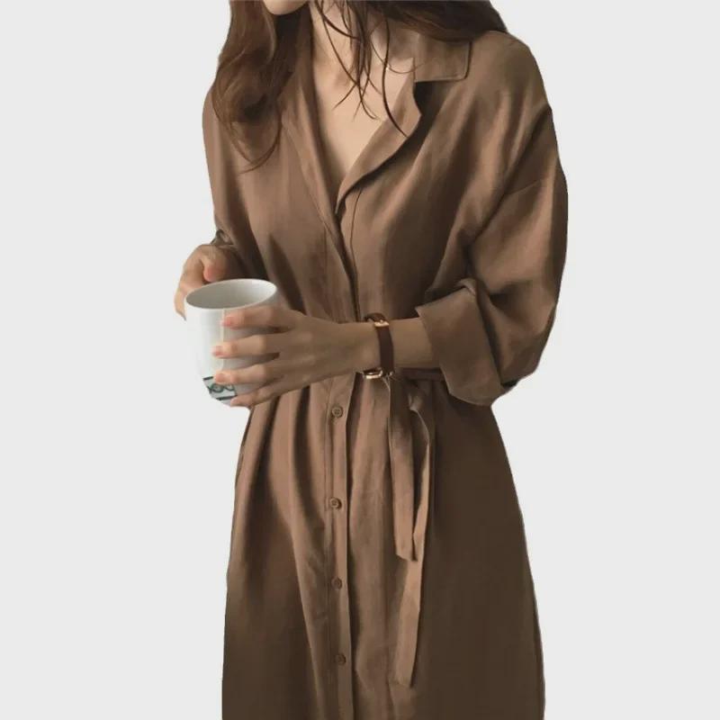 Yujie Lightly Mature French Shirt Dress - Brown for Spring/Summer