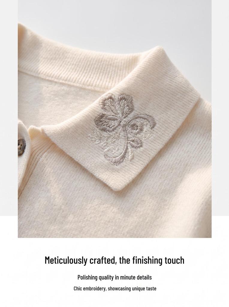 MU Women's Color Block Polo Neck Embroidery Knit Sweater - Long Sleeve, Autumn/Winter, Simple & Elegant.