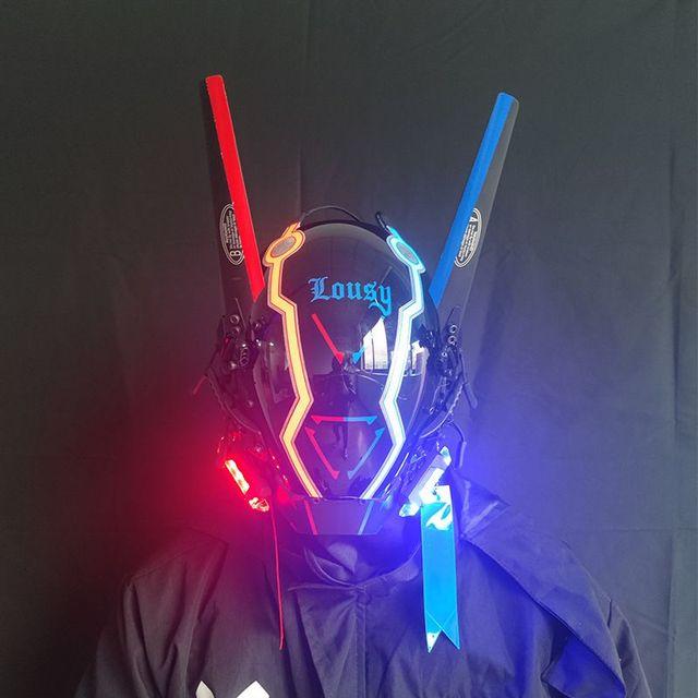 Casco Cyberpunk Cosplay Rastrellature Maschera Cool Con Luce Led Maschera Shinobi Samurai Treccine Regalo di Natale Compleanno Rastrellature Ali