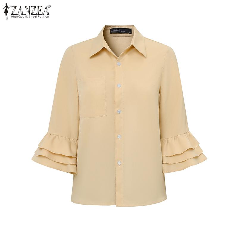 ZANZEA Women Casual Turn Down Collar Solid Color 3/4 Sleeve Loose Blouse