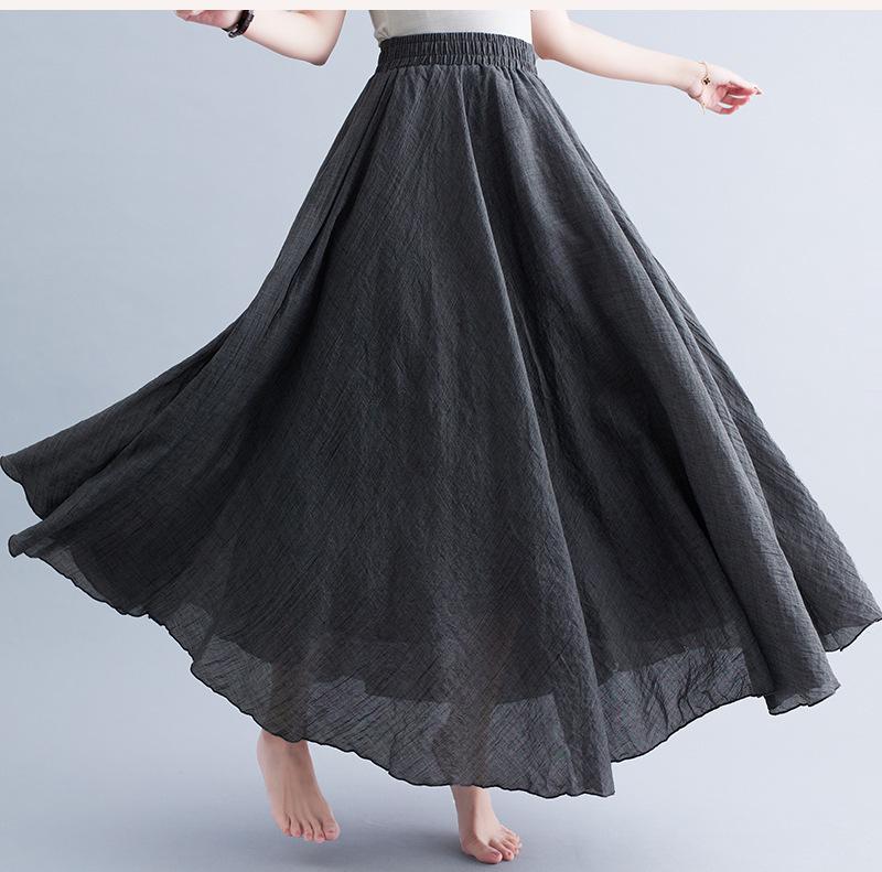 "Mori Girl Plus Size Cotton-Linen Elastic Waist A-Line Skirt, Ethnic Style, 24 Solid Colors"
