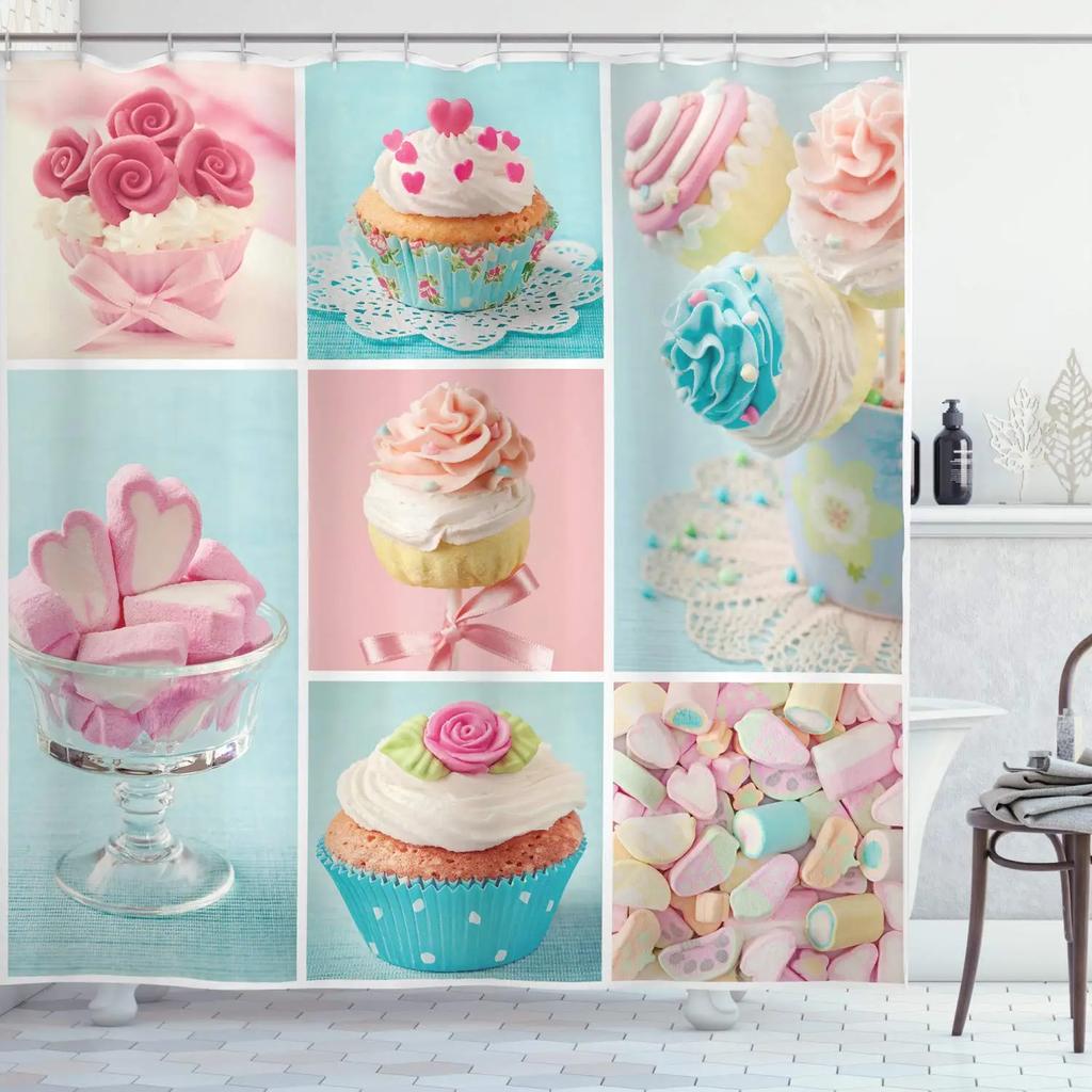 Ice Cream Shower Curtain Summer Flower Rainbow Popsicle Colorful Dots Design Fabric Waterproof Bath Curtain Bathroom Curtain Set