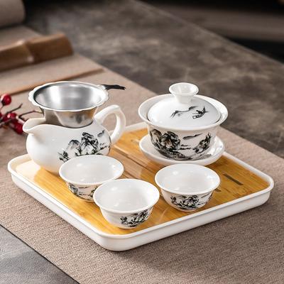 Household Kung Fu Tea Set, 1 Cover Bowl, 3 Cups with Dry Tray, Tea Making and Reception Ceramic Cup Set