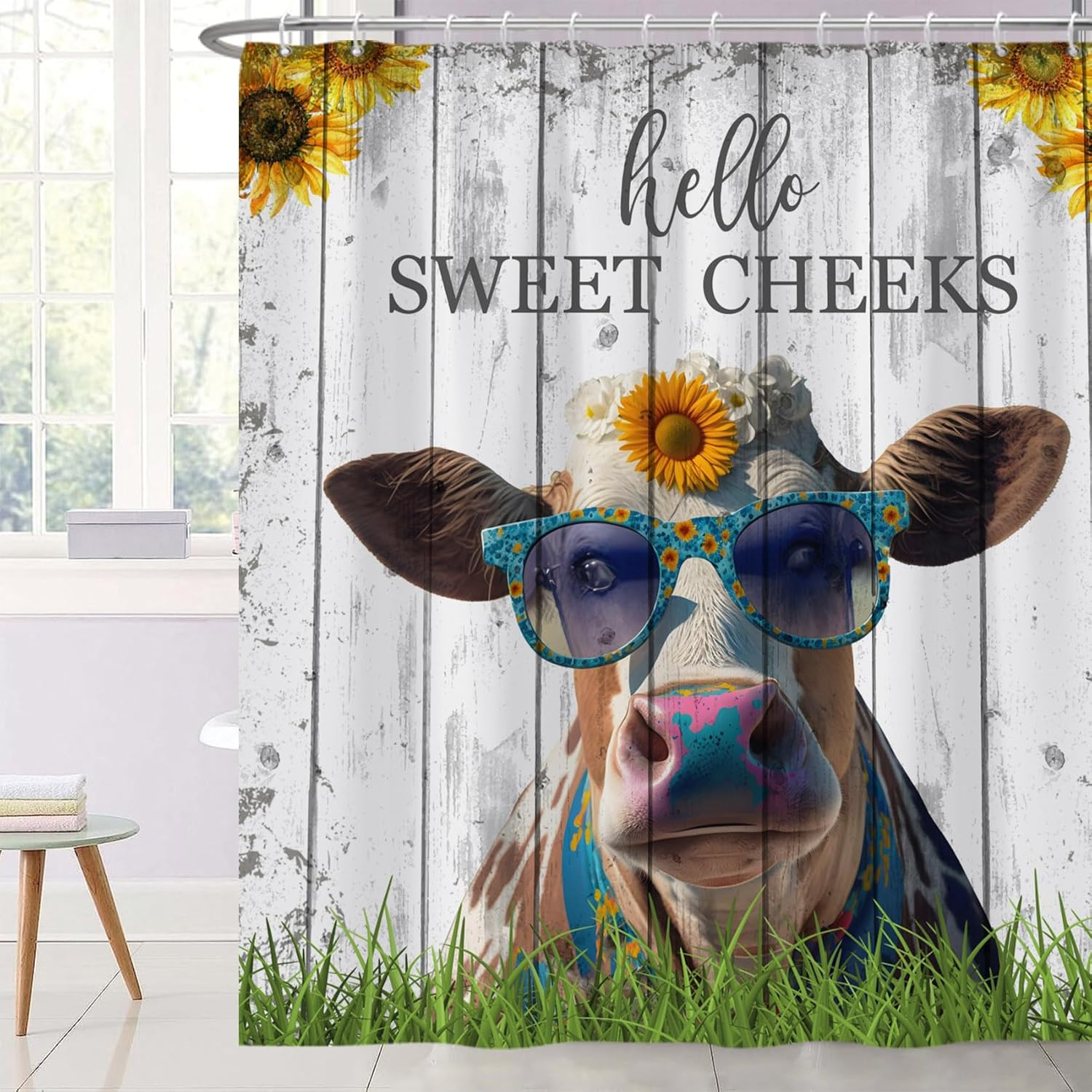 Farm Cow Shower Curtain Sweet Cheek Funny Cow with Sunflower Vintage Barn Farm Animal Waterproof Bathtub Shower Curtain W90xH180cm