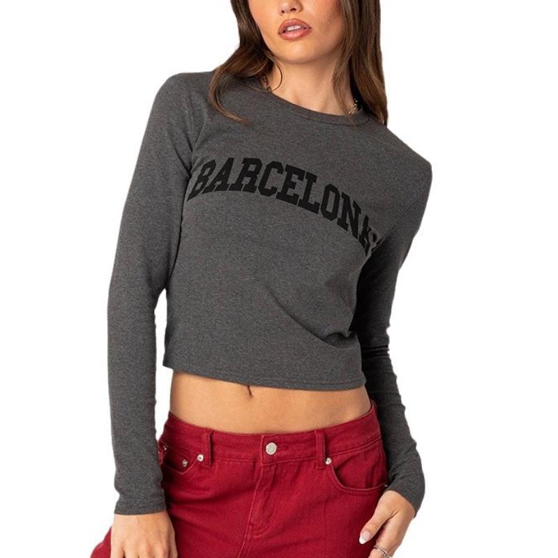 

Европейская и американская осенняя горячая девушка с длинными рукавами и буквенным принтом облегающий топ L темно-серого