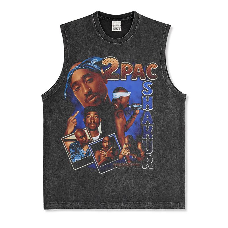 Canotta Senza Maniche Tupac Grafica Retro High Street Cotone Pesante