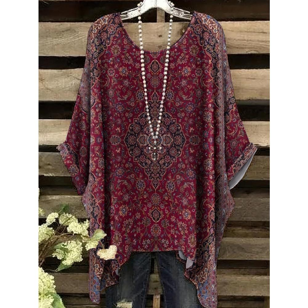 Sommer Damen T-Shirt Ethnischer Stil Gedruckter Frack Rundhalsausschnitt Lässig Bequem Y2k T-Shirt Vintage Damen Kurzarm-T-Shirt