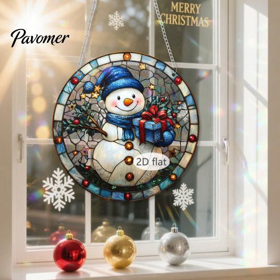 Colorful Acrylic Window Decorations Christmas 2D Hanging Ornaments, Stained Glass Style Snowman Santa Snowflake Suncatcher for Hanger with Chain,