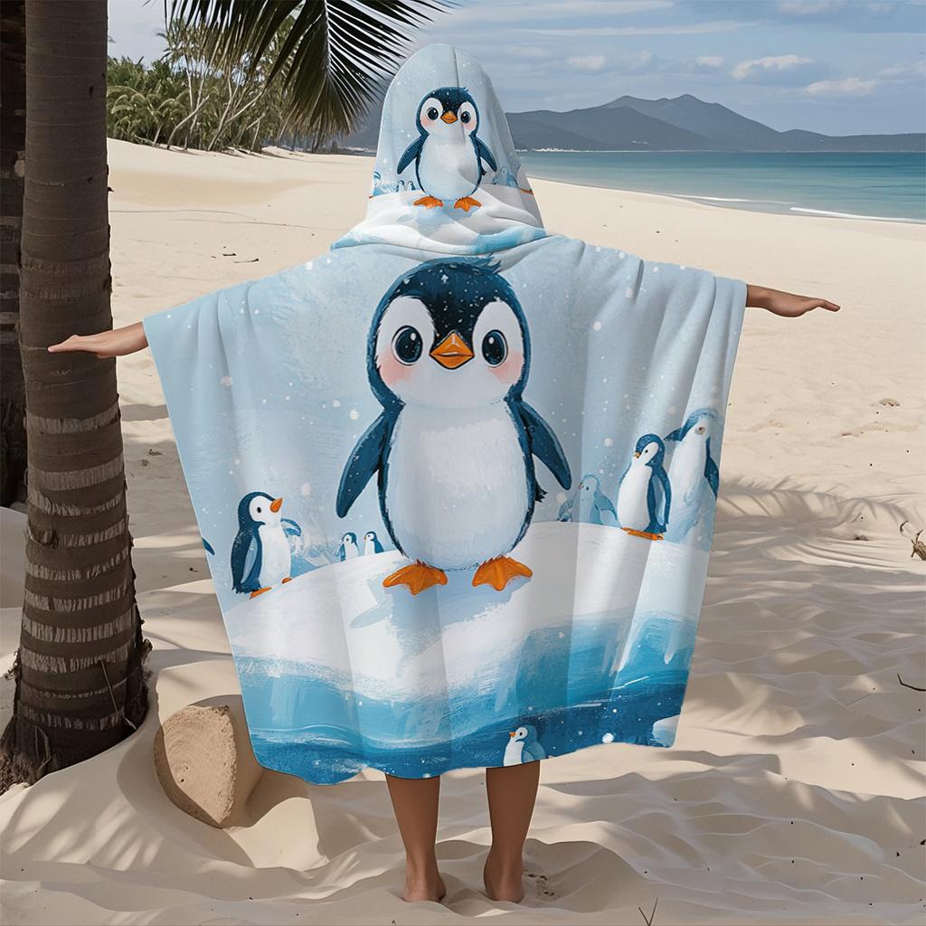 Cooling Fabric Penguin Flat Print Hooded Poncho Towel Sun Protection Beach Cape for Women Kids Summer Swimming Bath Robe