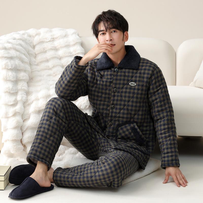 Pajamas Men'S Winter Three-Layer Pure Cotton Padded Thickened Fleece Warm Winter Coral Fleece Large Size Loungewear Set