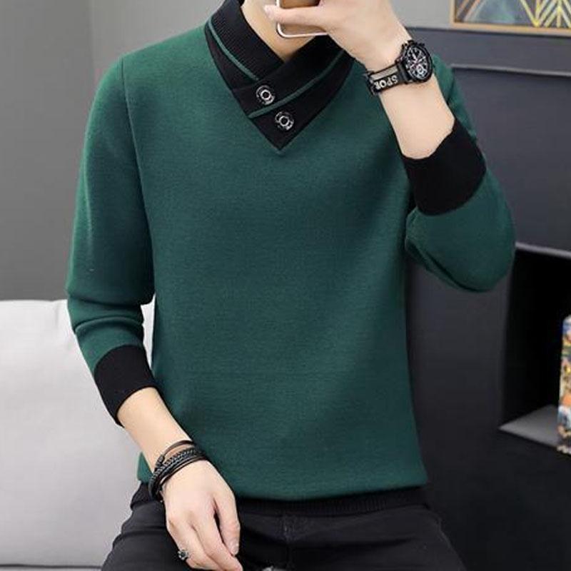Autumn Winter Men's Turtleneck Thick Long Sleeve Sweaters Korean Trend Solid Color Spliced Knitted Pullovers Male Clothes