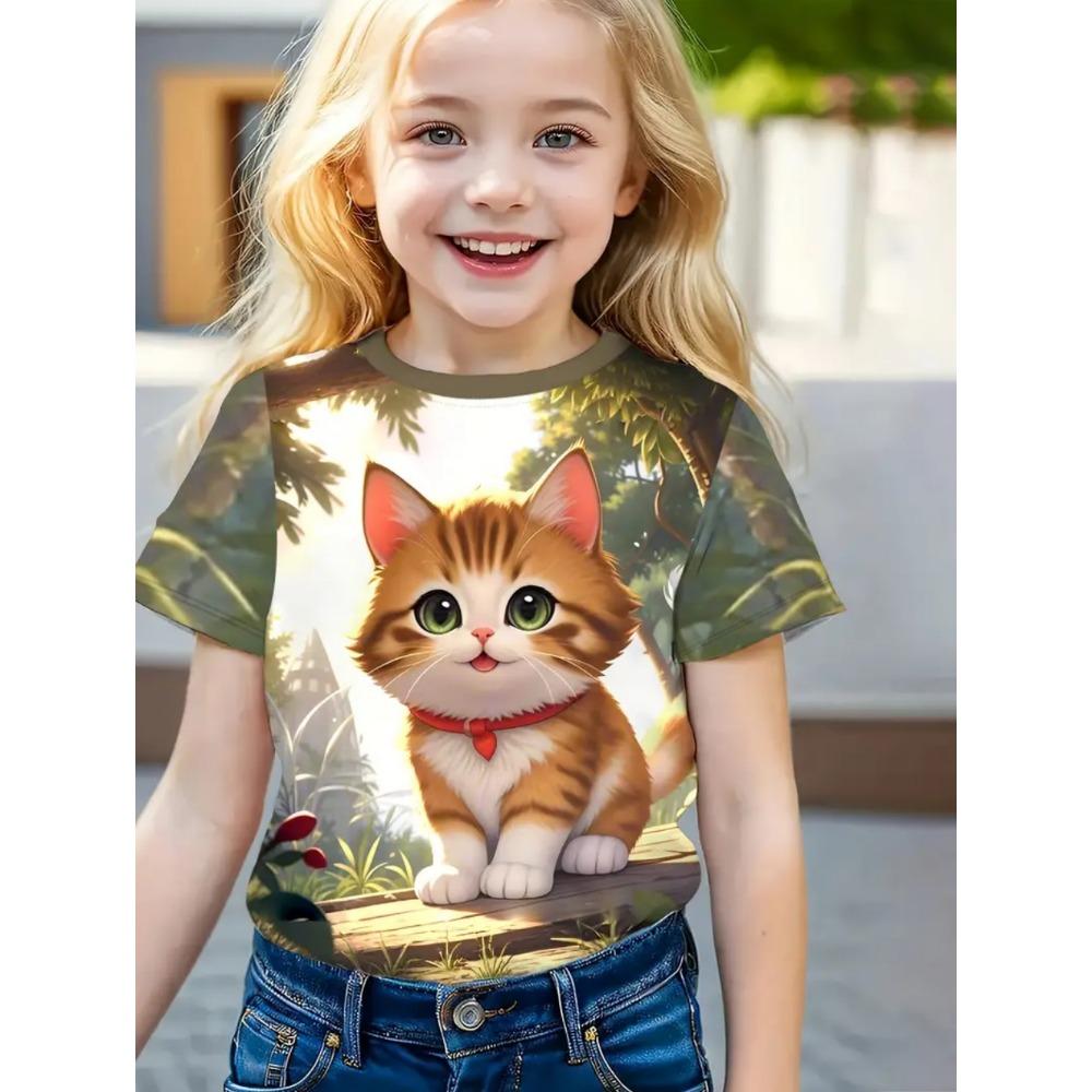 Girl Clothes Kawaii Cat Pattern Print Summer Short Sleeve Tops Casual Fashion T-Shirt Outdoor Lightweight Children's Clothing
