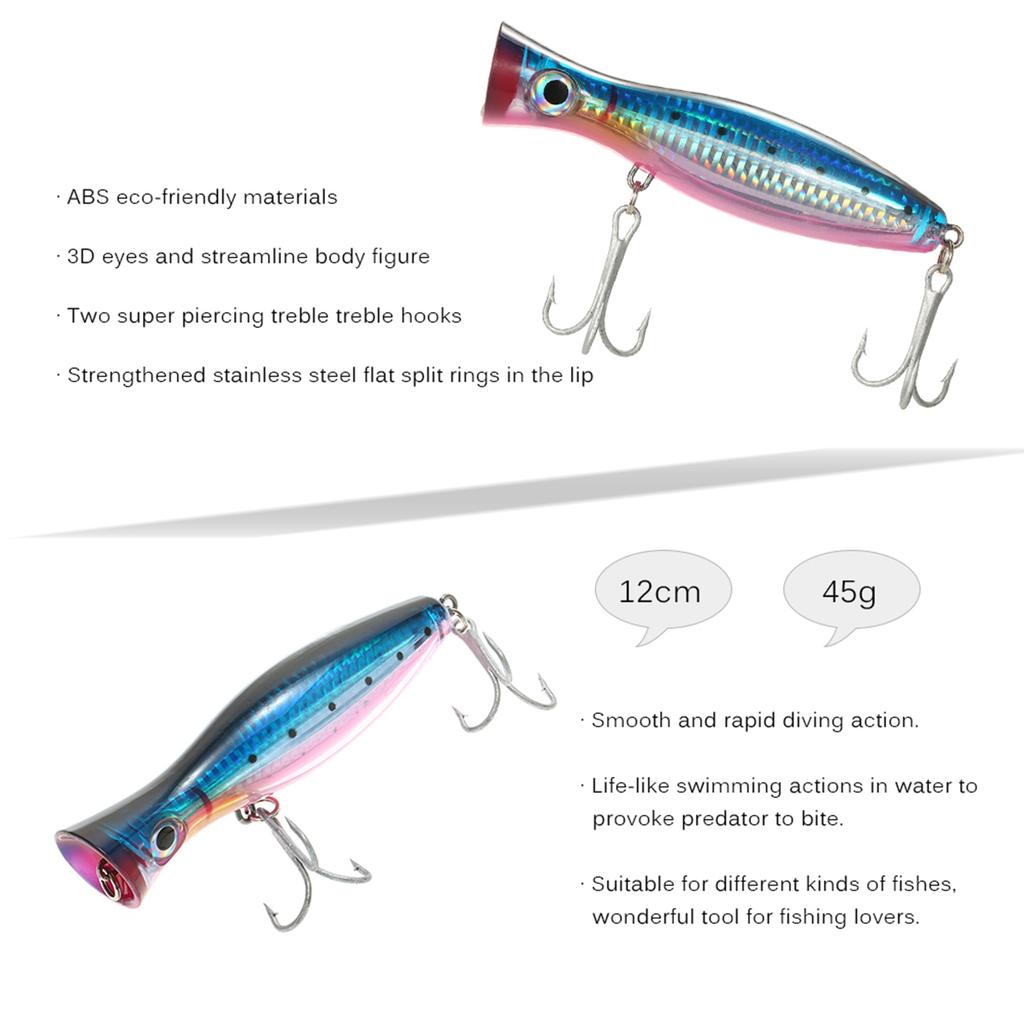 12cm   45g Large Popper Lure Artificial Seal Lure 3D Eyes Hard Popper Fishing Lure with Hooks and Ring for Saltwater
