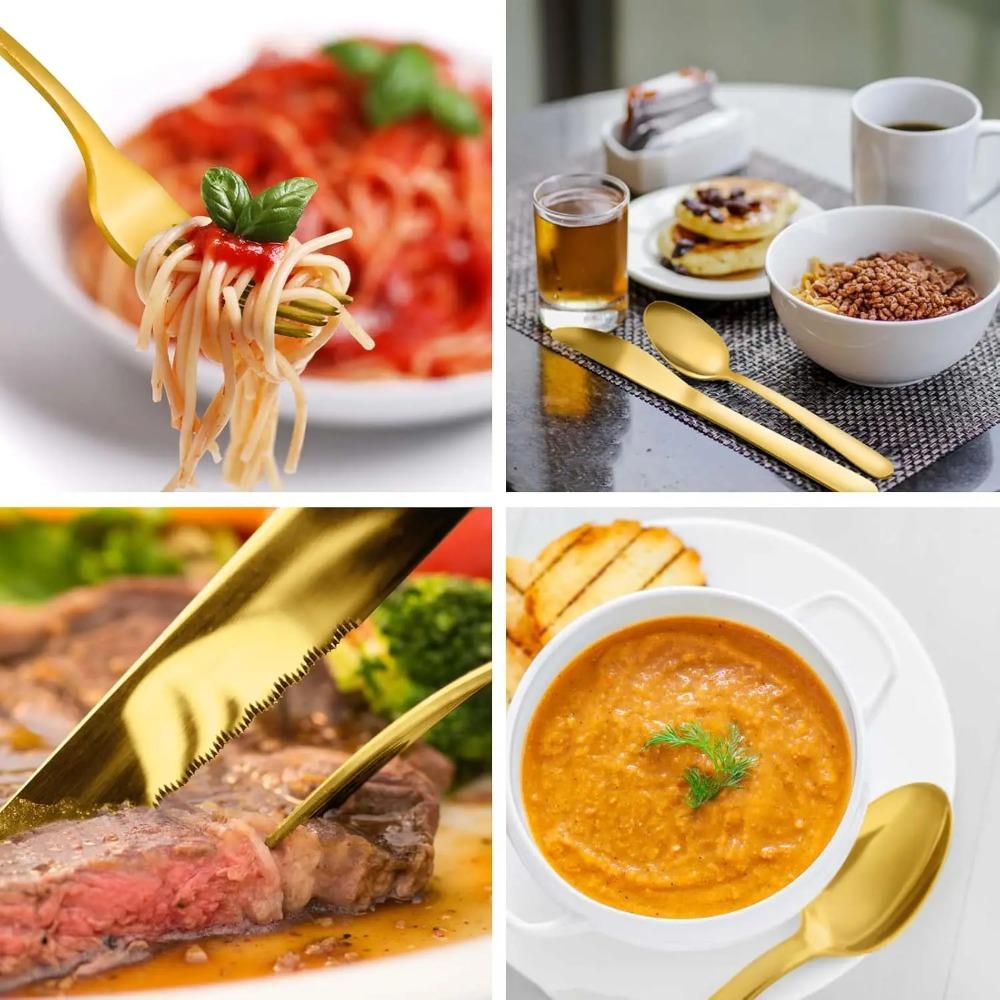 72-częściowe zestawy złotych sztućców, zestaw sztućców ze stekowymi nożami, zestaw sztućców ze stali nierdzewnej, zawiera zestaw widelców, łyżek i noży.