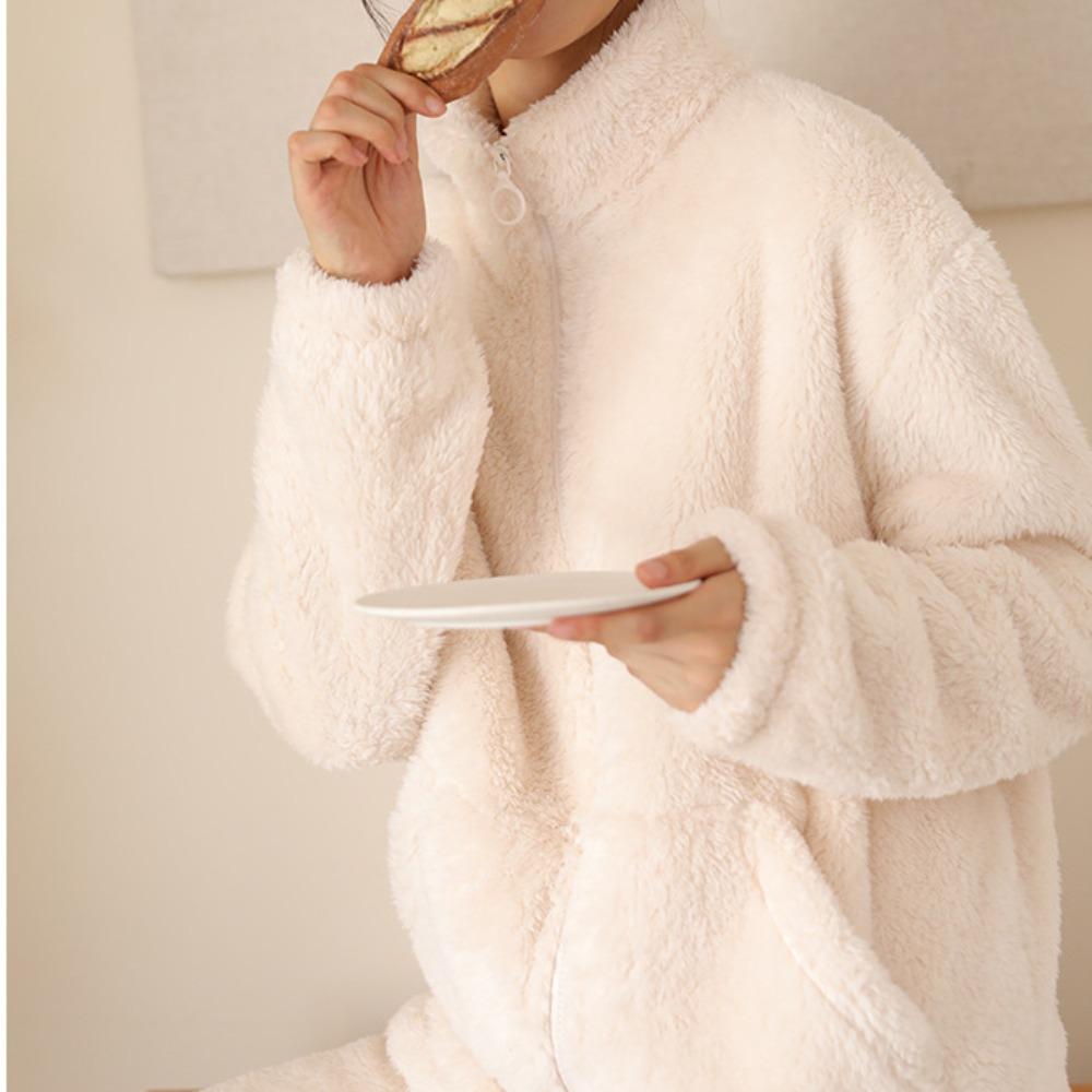 Zimní domácí oblečení dámský kardigan na zip zahuštěná bunda s vysokým límcem plyšové sametové pyžamo oboustranný fleece teplá souprava