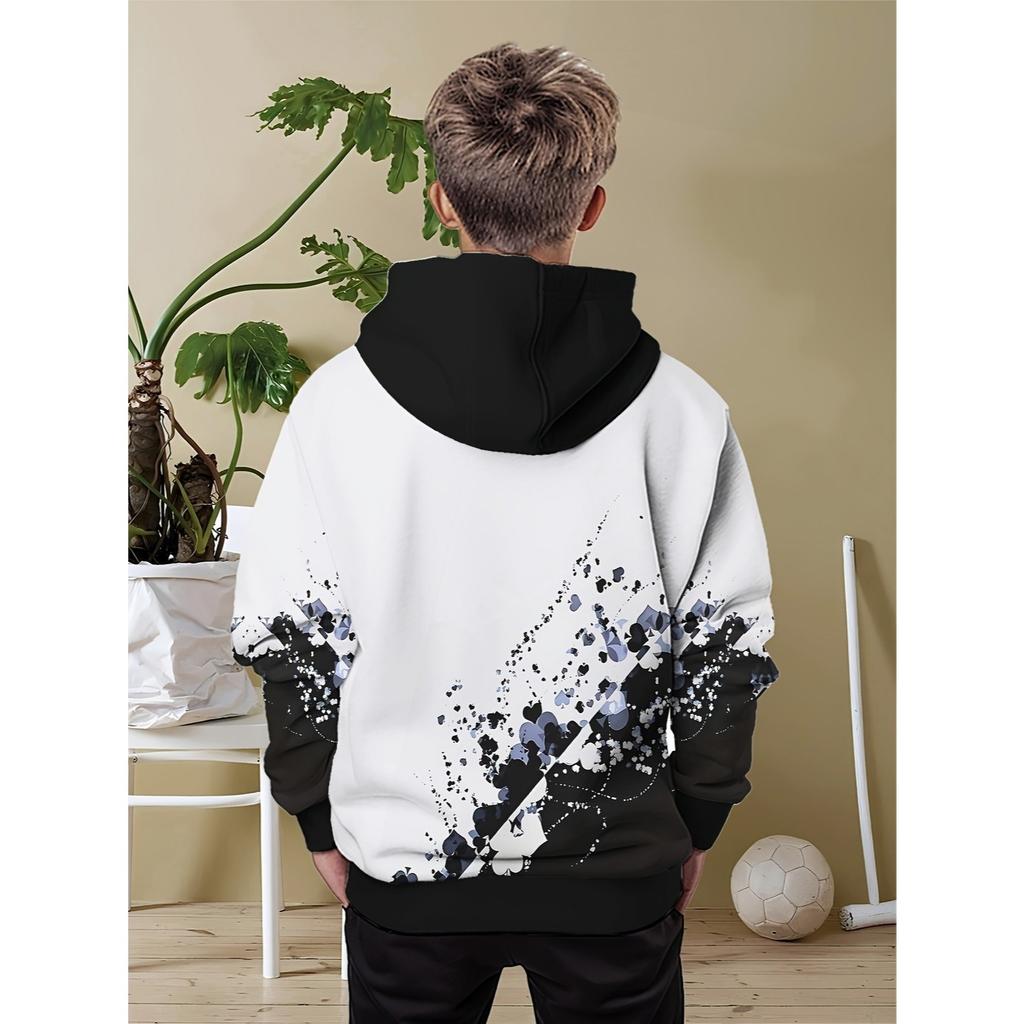 Boys' Black and White Graffiti Color 3D Printed Long Sleeved Hooded Sweatshirt, Boys' Spring and Autumn Sportswear