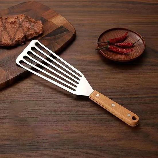 Stainless Steel Slotted Spatula with Wooden Handle Heavy-Duty Turner for Steak Fish BBQ Heat-Resistant Rust-Proof Essential Kitchen Tool for Flipping