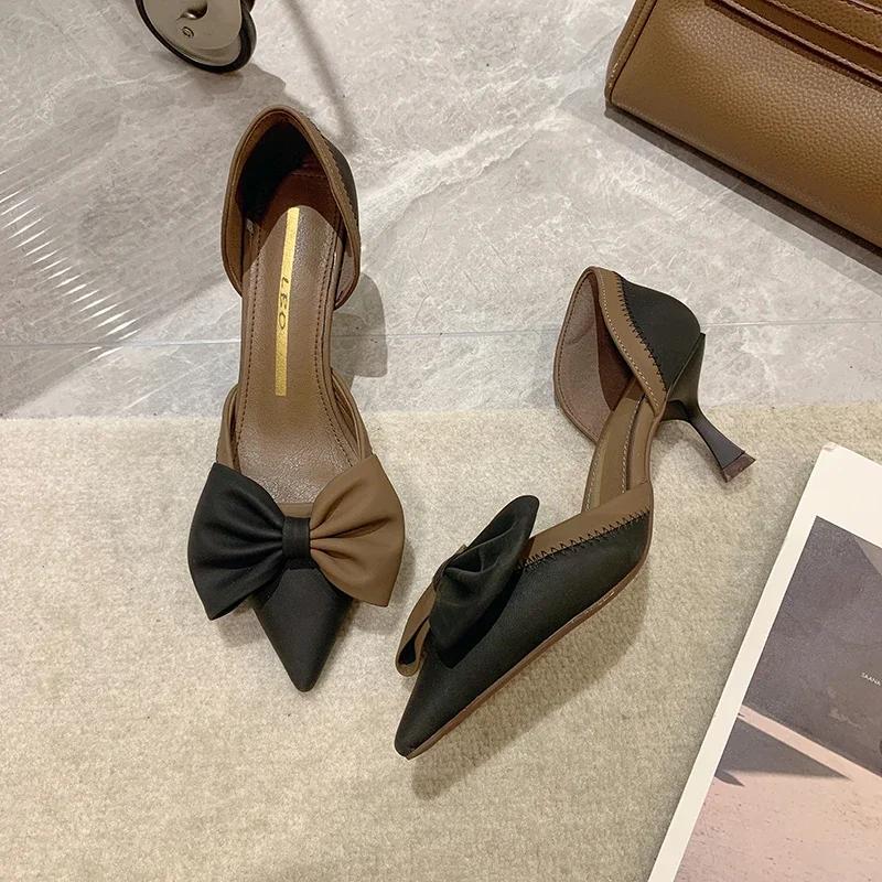 Fashion 2024 New Pointed High Heels for Women in Spring, Summer, and Autumn Korean Fashion Slim Heel Bow Single Shoe for Women