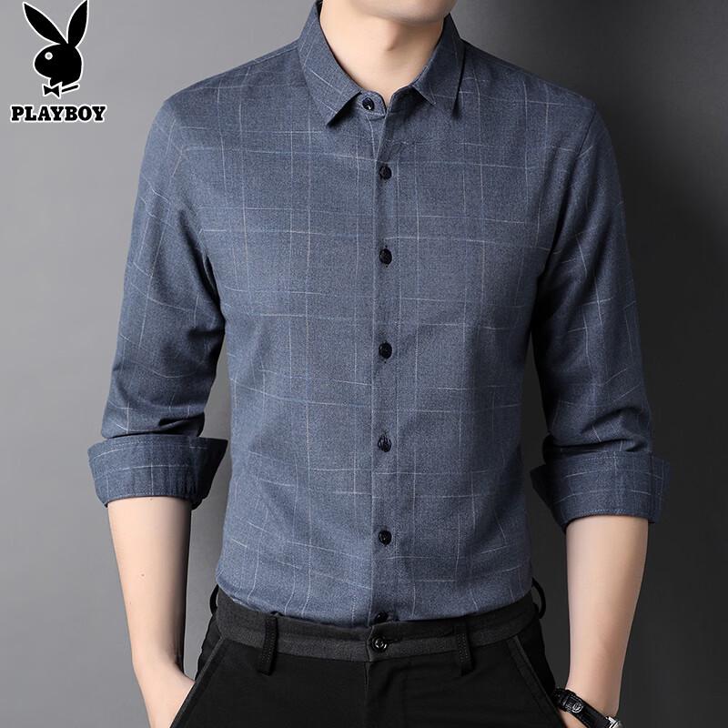 PLAYBOY Men s Business Casual Plaid Long Sleeve Shirt 185/3XL